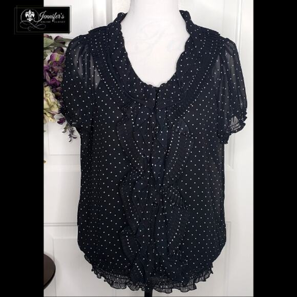 3/$25 Apt. 9 Black and White Sheer Pleated Ruffle Polka Dot Blouse - Picture 1 of 13